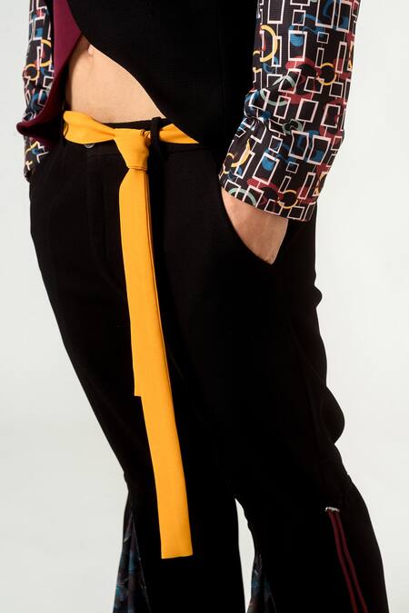 Shop Siddhant Agrawal Black Banana Crepe, Knit Textured Crepe, Flared Trouser With Belt Online at Aza Fashions Shop_Siddhant Agrawal_Black Banana Crepe, Knit Textured Crepe, Flared Trouser With Belt _Online_at_Aza_Fashions