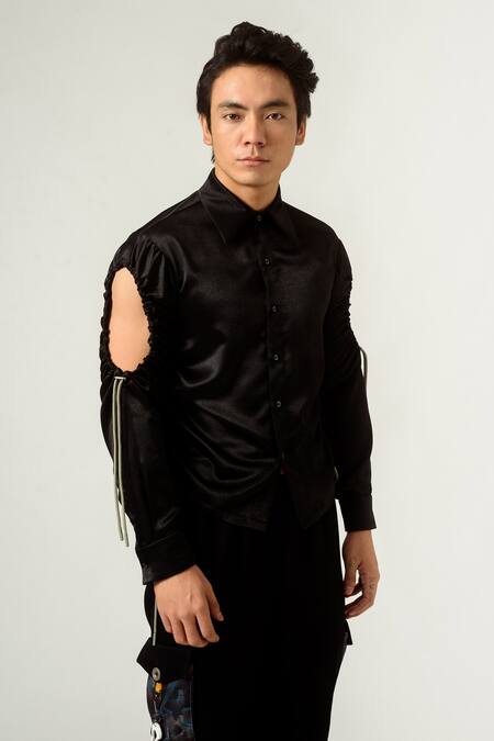 Siddhant Agrawal Black Velvet Satin Shirt Online at Aza Fashions Siddhant Agrawal_Black Velvet Satin Shirt _Online_at_Aza_Fashions