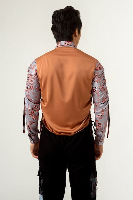 Shop Siddhant Agrawal Brown , Velvet Printed Color Block Shirt at Aza Fashions Shop_Siddhant Agrawal_Brown , Velvet Printed Color Block Shirt _at_Aza_Fashions