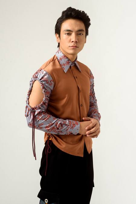 Siddhant Agrawal Brown , Velvet Printed Color Block Shirt Online at Aza Fashions Siddhant Agrawal_Brown , Velvet Printed Color Block Shirt _Online_at_Aza_Fashions