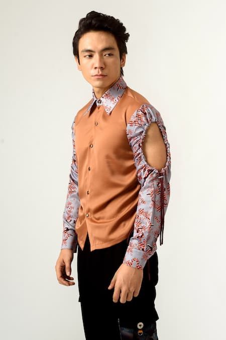 Buy Siddhant Agrawal Brown , Velvet Printed Color Block Shirt Online at Aza Fashions Buy_Siddhant Agrawal_Brown , Velvet Printed Color Block Shirt _Online_at_Aza_Fashions