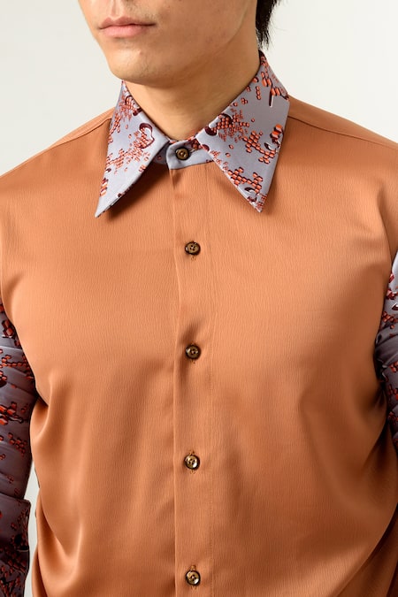 Shop Siddhant Agrawal Brown , Velvet Printed Color Block Shirt Online at Aza Fashions Shop_Siddhant Agrawal_Brown , Velvet Printed Color Block Shirt _Online_at_Aza_Fashions