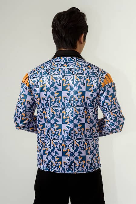 Shop Siddhant Agrawal Blue Banana Crepe Piping Silver Reflector, Velvet Rage Shirt at Aza Fashions Shop_Siddhant Agrawal_Blue Banana Crepe Piping Silver Reflector, Velvet Rage Shirt _at_Aza_Fashions