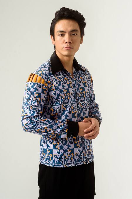 Siddhant Agrawal Blue Banana Crepe Piping Silver Reflector, Velvet Rage Shirt Online at Aza Fashions Siddhant Agrawal_Blue Banana Crepe Piping Silver Reflector, Velvet Rage Shirt _Online_at_Aza_Fashions