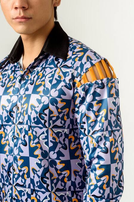 Shop Siddhant Agrawal Blue Banana Crepe Piping Silver Reflector, Velvet Rage Shirt Online at Aza Fashions Shop_Siddhant Agrawal_Blue Banana Crepe Piping Silver Reflector, Velvet Rage Shirt _Online_at_Aza_Fashions