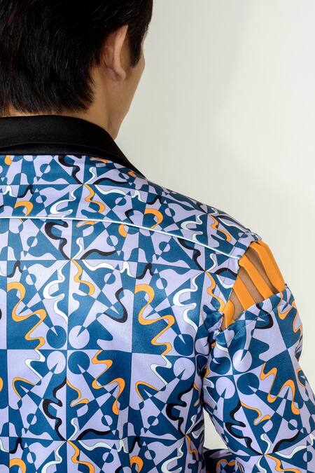 Siddhant Agrawal Blue Banana Crepe Piping Silver Reflector, Velvet Rage Shirt at Aza Fashions Siddhant Agrawal_Blue Banana Crepe Piping Silver Reflector, Velvet Rage Shirt _at_Aza_Fashions