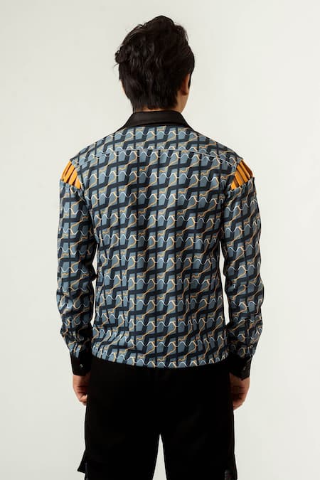 Shop Siddhant Agrawal Blue Banana Crepe Piping Silver Reflector, Ennui Shirt at Aza Fashions Shop_Siddhant Agrawal_Blue Banana Crepe Piping Silver Reflector, Ennui Shirt _at_Aza_Fashions