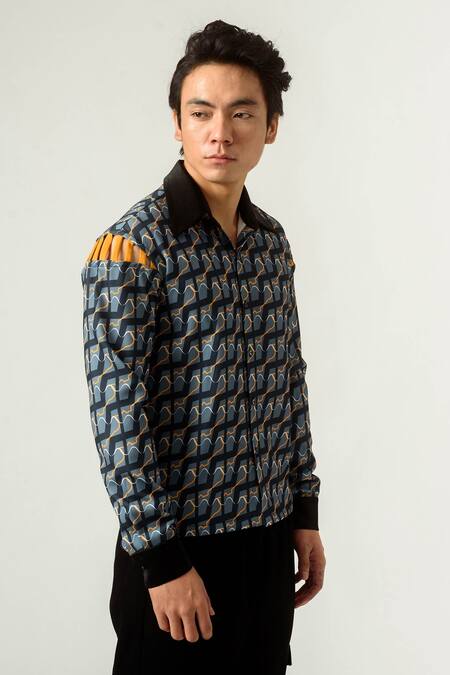 Siddhant Agrawal Blue Banana Crepe Piping Silver Reflector, Ennui Shirt Online at Aza Fashions Siddhant Agrawal_Blue Banana Crepe Piping Silver Reflector, Ennui Shirt _Online_at_Aza_Fashions