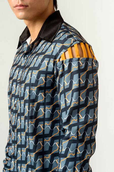 Shop Siddhant Agrawal Blue Banana Crepe Piping Silver Reflector, Ennui Shirt Online at Aza Fashions Shop_Siddhant Agrawal_Blue Banana Crepe Piping Silver Reflector, Ennui Shirt _Online_at_Aza_Fashions