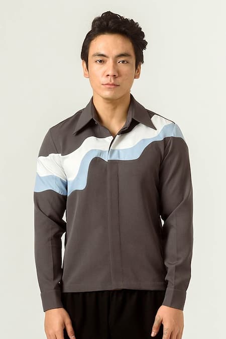Siddhant Agrawal Grey Banana Crepe, Textured Crepe, Velvet Satin Color Block Shirt