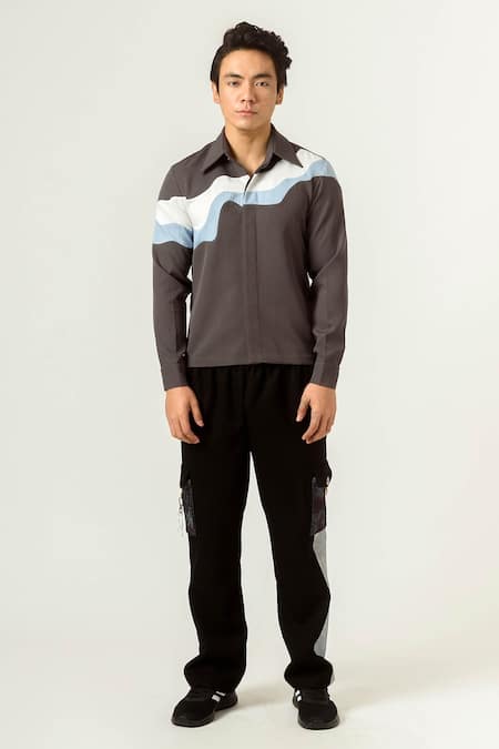 Siddhant Agrawal Grey Banana Crepe, Textured Crepe, Velvet Satin Color Block Shirt Online at Aza Fashions Siddhant Agrawal_Grey Banana Crepe, Textured Crepe, Velvet Satin Color Block Shirt _Online_at_Aza_Fashions