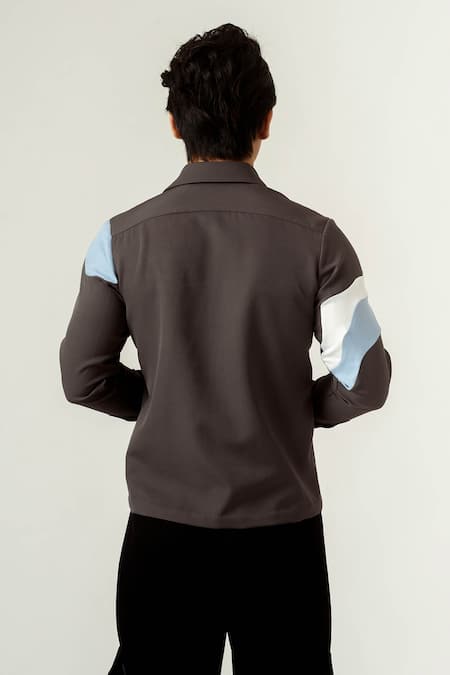 Shop Siddhant Agrawal Grey Banana Crepe, Textured Crepe, Velvet Satin Color Block Shirt at Aza Fashions Shop_Siddhant Agrawal_Grey Banana Crepe, Textured Crepe, Velvet Satin Color Block Shirt _at_Aza_Fashions