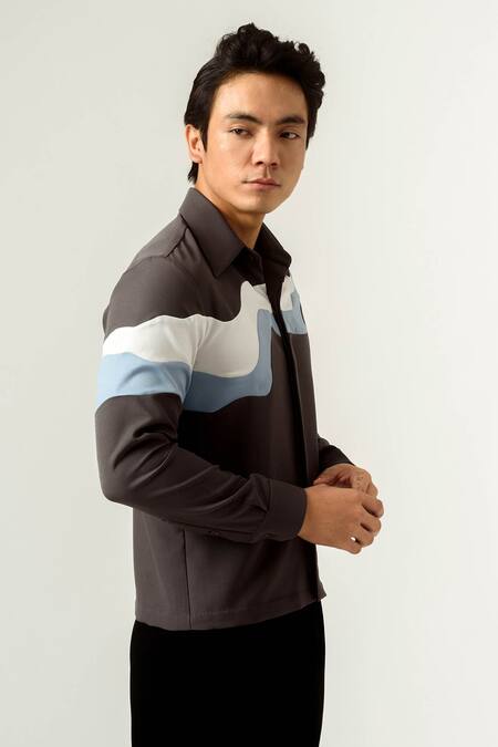 Buy Siddhant Agrawal Grey Banana Crepe, Textured Crepe, Velvet Satin Color Block Shirt Online at Aza Fashions Buy_Siddhant Agrawal_Grey Banana Crepe, Textured Crepe, Velvet Satin Color Block Shirt _Online_at_Aza_Fashions