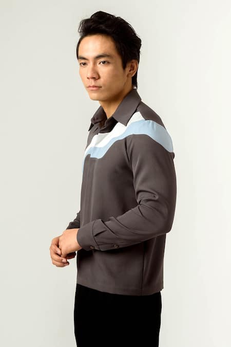 Shop Siddhant Agrawal Grey Banana Crepe, Textured Crepe, Velvet Satin Color Block Shirt Online at Aza Fashions Shop_Siddhant Agrawal_Grey Banana Crepe, Textured Crepe, Velvet Satin Color Block Shirt _Online_at_Aza_Fashions