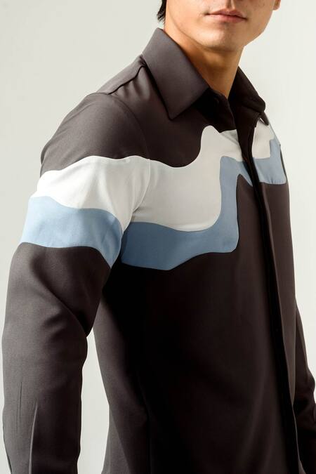 Siddhant Agrawal Grey Banana Crepe, Textured Crepe, Velvet Satin Color Block Shirt at Aza Fashions Siddhant Agrawal_Grey Banana Crepe, Textured Crepe, Velvet Satin Color Block Shirt _at_Aza_Fashions