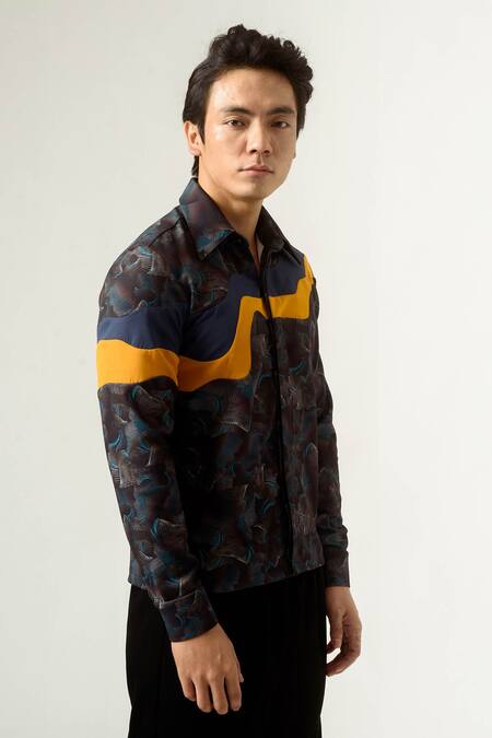 Siddhant Agrawal Multi Color Banana Crepe, Lycra Printed Agitation Panelled Shirt Online at Aza Fashions Siddhant Agrawal_Multi Color Banana Crepe, Lycra Printed Agitation Panelled Shirt _Online_at_Aza_Fashions
