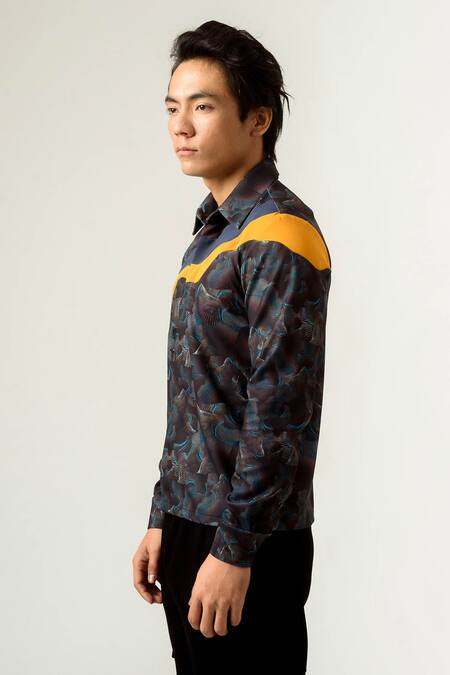 Buy Siddhant Agrawal Multi Color Banana Crepe, Lycra Printed Agitation Panelled Shirt Online at Aza Fashions Buy_Siddhant Agrawal_Multi Color Banana Crepe, Lycra Printed Agitation Panelled Shirt _Online_at_Aza_Fashions