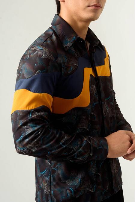 Shop Siddhant Agrawal Multi Color Banana Crepe, Lycra Printed Agitation Panelled Shirt Online at Aza Fashions Shop_Siddhant Agrawal_Multi Color Banana Crepe, Lycra Printed Agitation Panelled Shirt _Online_at_Aza_Fashions