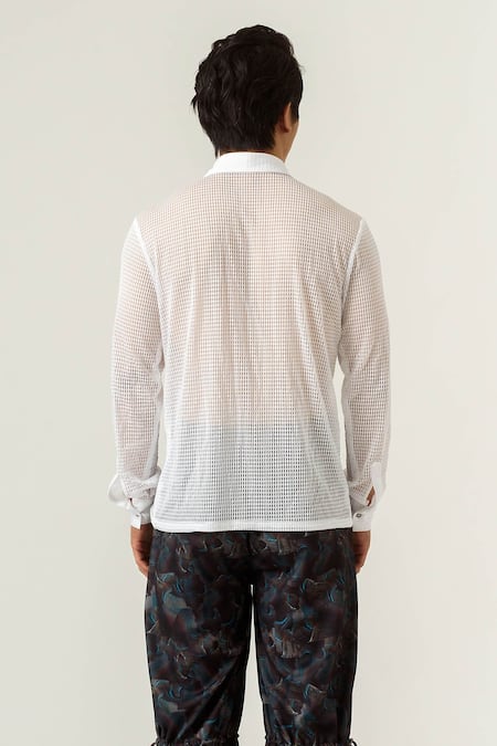 Shop Siddhant Agrawal White Poly Knit Mesh Crepe Solid Shirt at Aza Fashions Shop_Siddhant Agrawal_White Poly Knit Mesh Crepe Solid Shirt _at_Aza_Fashions