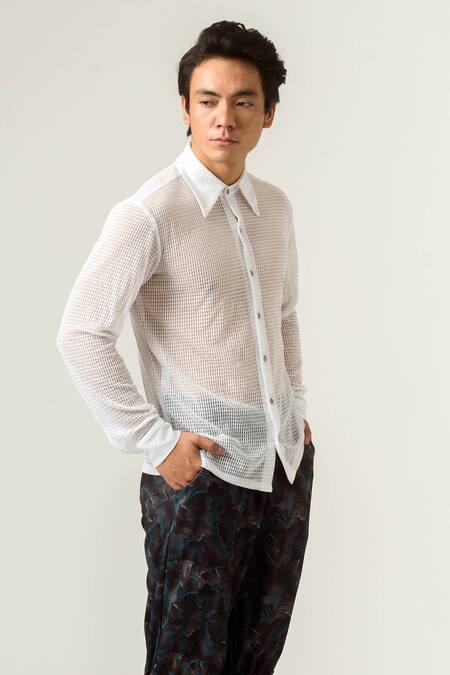 Siddhant Agrawal White Poly Knit Mesh Crepe Solid Shirt Online at Aza Fashions Siddhant Agrawal_White Poly Knit Mesh Crepe Solid Shirt _Online_at_Aza_Fashions