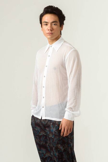 Buy Siddhant Agrawal White Poly Knit Mesh Crepe Solid Shirt Online at Aza Fashions Buy_Siddhant Agrawal_White Poly Knit Mesh Crepe Solid Shirt _Online_at_Aza_Fashions