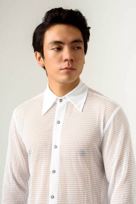 Shop Siddhant Agrawal White Poly Knit Mesh Crepe Solid Shirt Online at Aza Fashions Shop_Siddhant Agrawal_White Poly Knit Mesh Crepe Solid Shirt _Online_at_Aza_Fashions