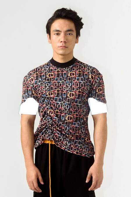 Shop Siddhant Agrawal Multi Color Lycra, Silver Reflector Collar Knit Rib Torment T-shirt Online at Aza Fashions Shop_Siddhant Agrawal_Multi Color Lycra, Silver Reflector Collar Knit Rib Torment T-shirt _Online_at_Aza_Fashions