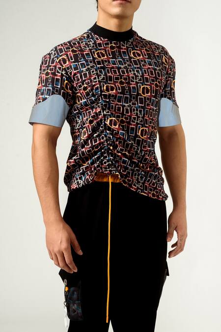 Siddhant Agrawal Multi Color Lycra, Silver Reflector Collar Knit Rib Torment T-shirt at Aza Fashions Siddhant Agrawal_Multi Color Lycra, Silver Reflector Collar Knit Rib Torment T-shirt _at_Aza_Fashions