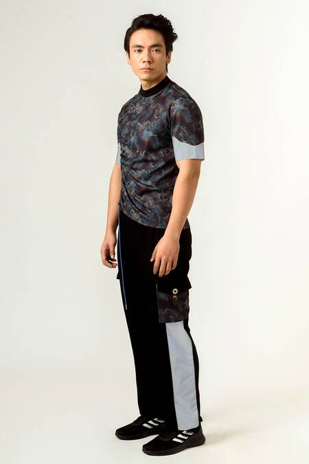 Shop Siddhant Agrawal Multi Color Lycra, Silver Reflector Collar Knit Agitation T-shirt Online at Aza Fashions Shop_Siddhant Agrawal_Multi Color Lycra, Silver Reflector Collar Knit Agitation T-shirt _Online_at_Aza_Fashions