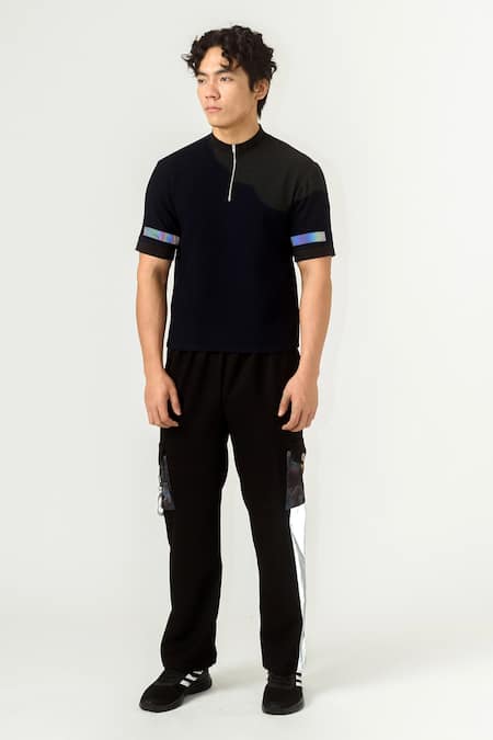 Shop Siddhant Agrawal Blue Knit Textured Crepe, Rainbow Reflector Collar Trims T-shirt Online at Aza Fashions Shop_Siddhant Agrawal_Blue Knit Textured Crepe, Rainbow Reflector Collar Trims T-shirt _Online_at_Aza_Fashions