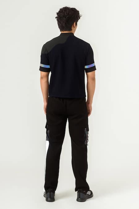 Shop Siddhant Agrawal Blue Knit Textured Crepe, Rainbow Reflector Collar Trims T-shirt at Aza Fashions Shop_Siddhant Agrawal_Blue Knit Textured Crepe, Rainbow Reflector Collar Trims T-shirt _at_Aza_Fashions