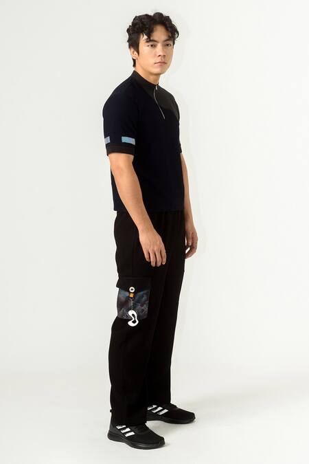 Siddhant Agrawal Blue Knit Textured Crepe, Rainbow Reflector Collar Trims T-shirt Online at Aza Fashions Siddhant Agrawal_Blue Knit Textured Crepe, Rainbow Reflector Collar Trims T-shirt _Online_at_Aza_Fashions