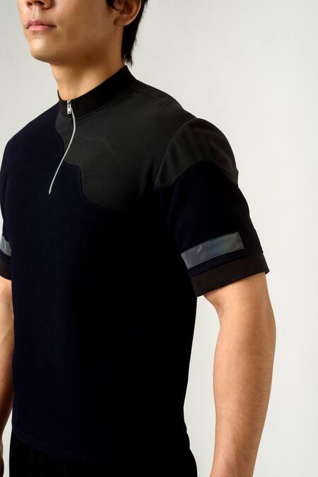 Siddhant Agrawal Blue Knit Textured Crepe, Rainbow Reflector Collar Trims T-shirt at Aza Fashions Siddhant Agrawal_Blue Knit Textured Crepe, Rainbow Reflector Collar Trims T-shirt _at_Aza_Fashions