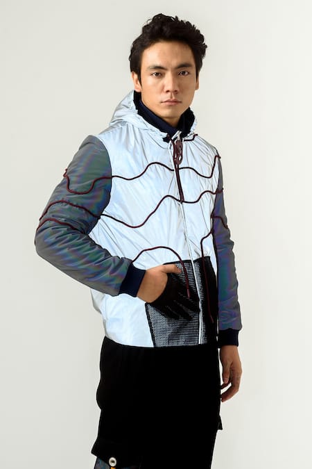 Siddhant Agrawal_Silver Poly Mesh Reflector Tassel Genuine Leather Bomber Jacket With Hoodie _Online_at_Aza_Fashions