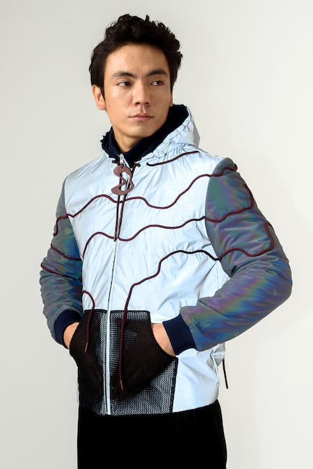 Buy_Siddhant Agrawal_Silver Poly Mesh Reflector Tassel Genuine Leather Bomber Jacket With Hoodie _Online_at_Aza_Fashions