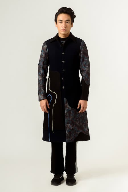 Siddhant Agrawal Blue Knit Textured Crepe, Lycra Agitation Panelled Trench Coat Online at Aza Fashions Siddhant Agrawal_Blue Knit Textured Crepe, Lycra Agitation Panelled Trench Coat _Online_at_Aza_Fashions