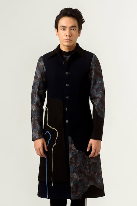 Siddhant Agrawal Blue Knit Textured Crepe, Lycra Agitation Panelled Trench Coat