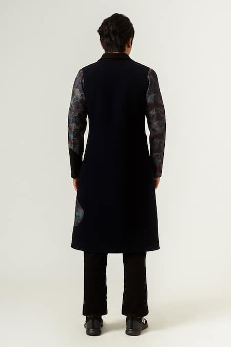 Shop Siddhant Agrawal Blue Knit Textured Crepe, Lycra Agitation Panelled Trench Coat at Aza Fashions Shop_Siddhant Agrawal_Blue Knit Textured Crepe, Lycra Agitation Panelled Trench Coat _at_Aza_Fashions