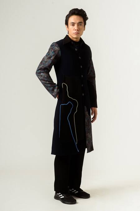 Buy Siddhant Agrawal Blue Knit Textured Crepe, Lycra Agitation Panelled Trench Coat Online at Aza Fashions Buy_Siddhant Agrawal_Blue Knit Textured Crepe, Lycra Agitation Panelled Trench Coat _Online_at_Aza_Fashions