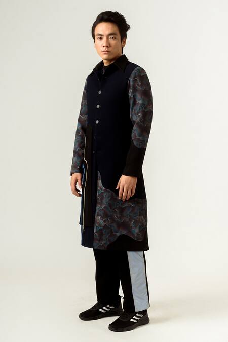 Shop Siddhant Agrawal Blue Knit Textured Crepe, Lycra Agitation Panelled Trench Coat Online at Aza Fashions Shop_Siddhant Agrawal_Blue Knit Textured Crepe, Lycra Agitation Panelled Trench Coat _Online_at_Aza_Fashions