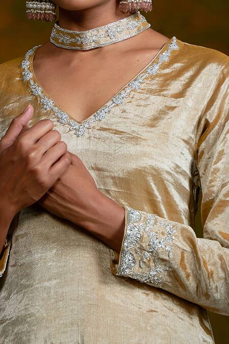 Buy_Weaver Story_Gold Kurta Tissue Silk, Lining Cotton Palazzo Pure Velvet Zardozi V And Set_Online_at_Aza_Fashions