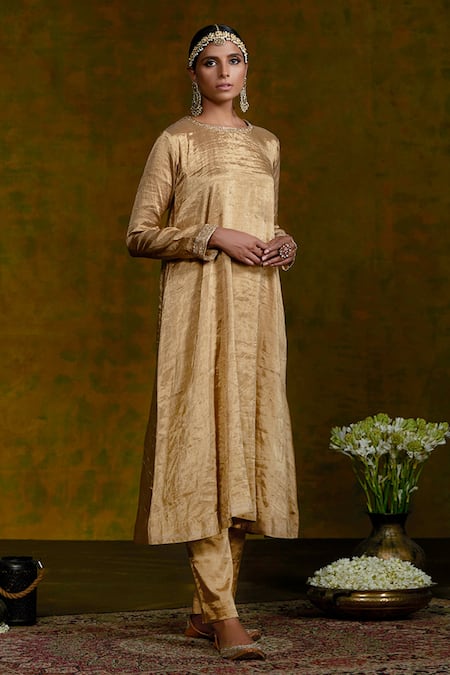 Rose gold kurta plazo online with organza dupatta