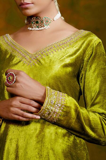 Shop_Weaver Story_Green Kurta And Pant Pure Velvet Lining Cotton Dupatta Tissue Set With Work _Online_at_Aza_Fashions