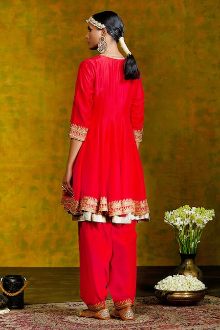 Shop Weaver Story Red Anarkali And Salwar Mulberry Silk Lining Cotton Dupatta Embroidered Set at Aza Fashions Shop_Weaver Story_Red Anarkali And Salwar Mulberry Silk Lining Cotton Dupatta Embroidered Set _at_Aza_Fashions