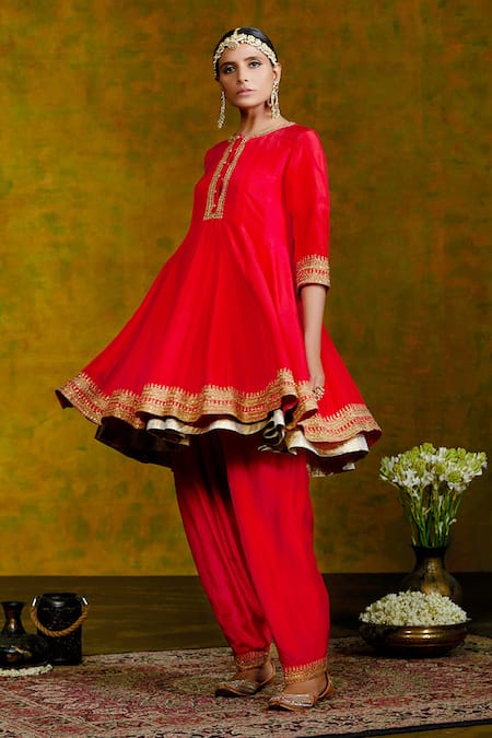 Weaver Story Red Anarkali And Salwar Mulberry Silk Lining Cotton Dupatta Embroidered Set Online at Aza Fashions Weaver Story_Red Anarkali And Salwar Mulberry Silk Lining Cotton Dupatta Embroidered Set _Online_at_Aza_Fashions