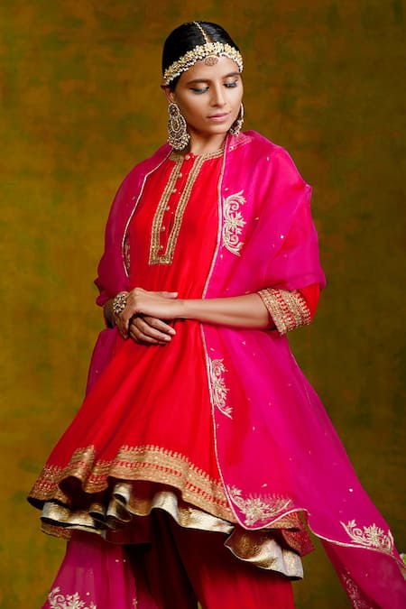 Buy Weaver Story Red Anarkali And Salwar Mulberry Silk Lining Cotton Dupatta Embroidered Set Online at Aza Fashions Buy_Weaver Story_Red Anarkali And Salwar Mulberry Silk Lining Cotton Dupatta Embroidered Set _Online_at_Aza_Fashions