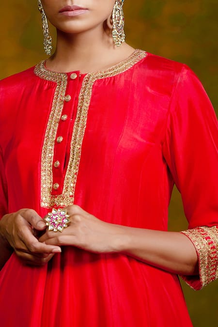 Shop Weaver Story Red Anarkali And Salwar Mulberry Silk Lining Cotton Dupatta Embroidered Set Online at Aza Fashions Shop_Weaver Story_Red Anarkali And Salwar Mulberry Silk Lining Cotton Dupatta Embroidered Set _Online_at_Aza_Fashions