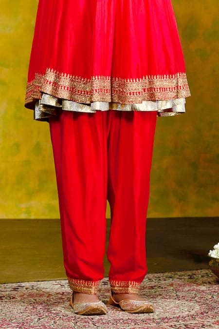 Weaver Story Red Anarkali And Salwar Mulberry Silk Lining Cotton Dupatta Embroidered Set at Aza Fashions Weaver Story_Red Anarkali And Salwar Mulberry Silk Lining Cotton Dupatta Embroidered Set _at_Aza_Fashions