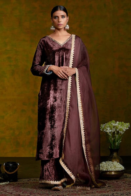 Buy Maroon Embroidered Velvet Kurta With Pants by Designer LAJJOO Online at  Ogaan.com