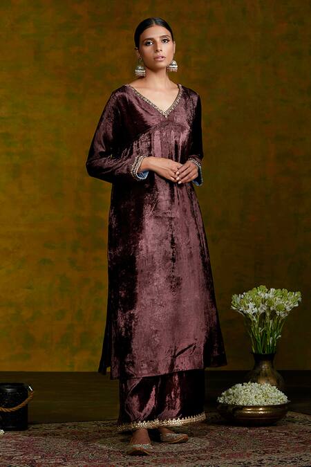 Weaver Story_Brown Kurta And Palazzo Pure Velvet Lining Cotton Dupatta Organza Set _Online_at_Aza_Fashions